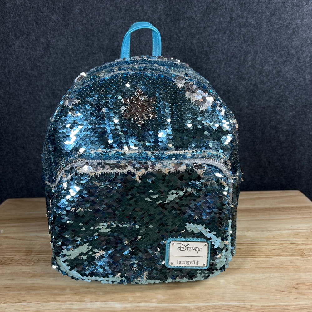 Disney Loungefly Frozen Elsa Blue Silver Sequin Mini Backpack Snowflake Charm